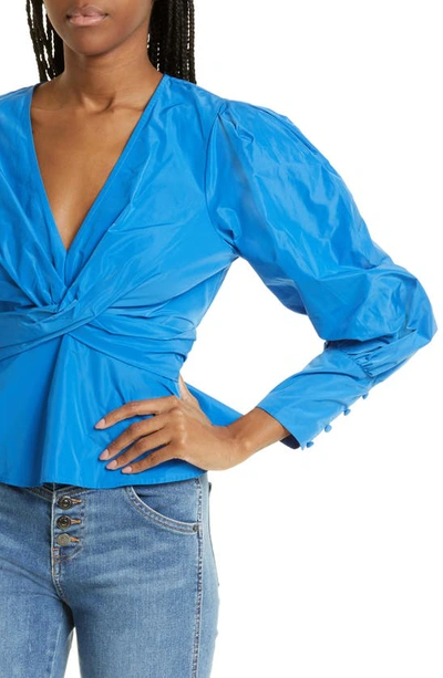 Shop Veronica Beard Seema Twist Front Taffeta Blouse In Bluebell