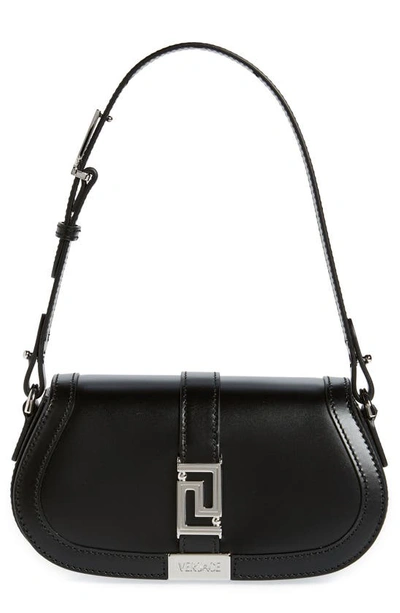 Shop Versace Mini Greca Goddess Leather Shoulder Bag In Black/ Palladium