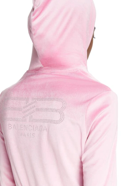 Shop Balenciaga Crystal Logo Fitted Velour Hoodie In Pink