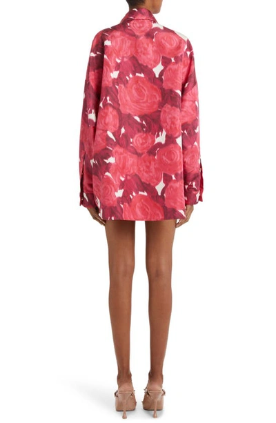 Shop Valentino Rose Print Longline Long Sleeve Cotton Button-up Shirt In Milk/ Rosso