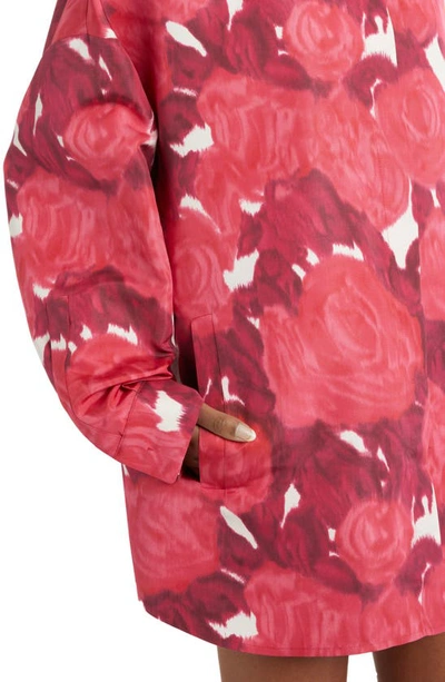 Shop Valentino Rose Print Longline Long Sleeve Cotton Button-up Shirt In Milk/ Rosso