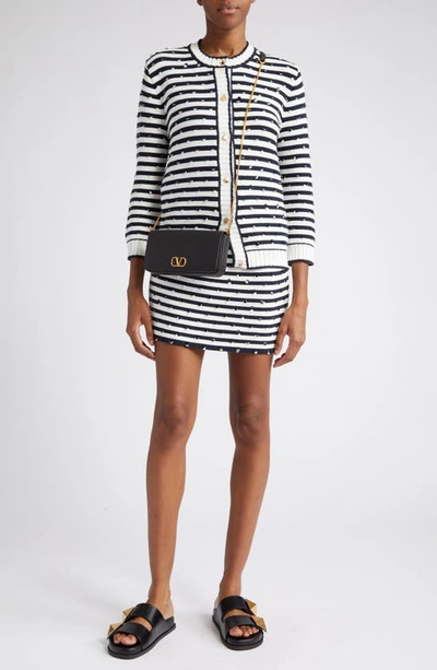 Shop Valentino Rockstud Paillette Stripe Knit Miniskirt In Avorio/ Navy