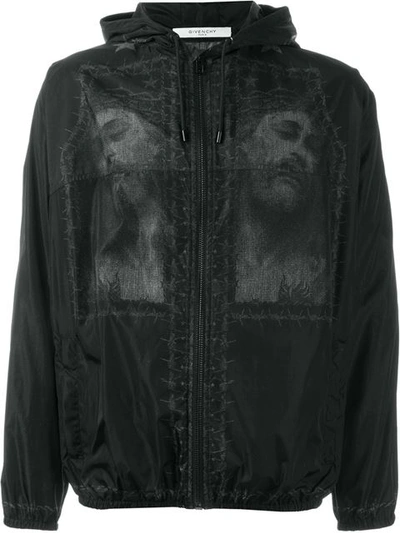 Givenchy Jesus Printed Nylon Windbreaker Jacket, Black
