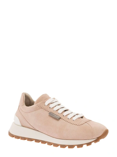 Shop Brunello Cucinelli Two-tone Sneakers With Embossed Logo At The Back In Suede Woman In Beige