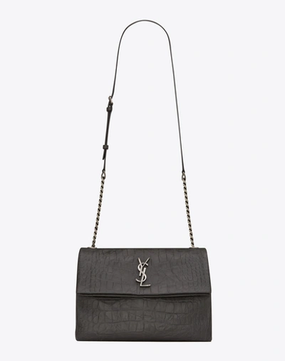 Saint Laurent Medium West Hollywood Bag In Dark Anthracite Crocodile Embossed Leather In Black