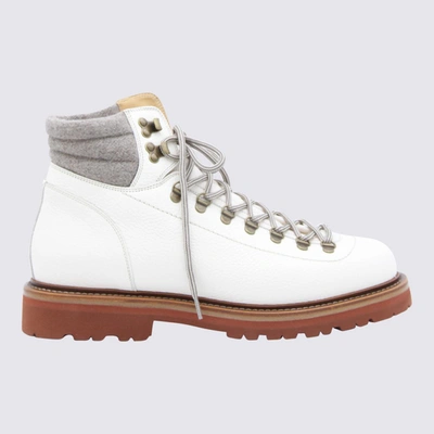 Shop Brunello Cucinelli White Leather And Grey Canvas Boots