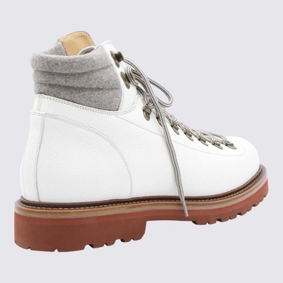 Shop Brunello Cucinelli White Leather And Grey Canvas Boots