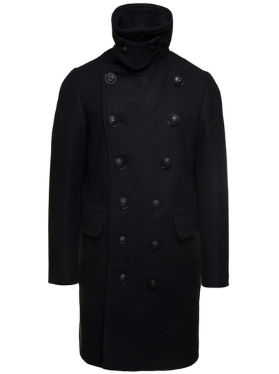 Shop Dsquared2 Black Coat With Double-breasted Fastening And Branded Buttons In Wool Man