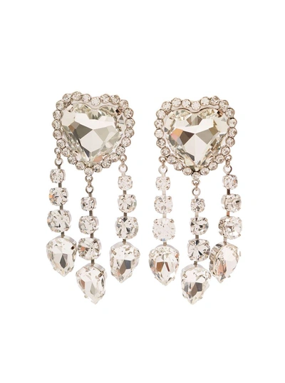 Shop Alessandra Rich Silver-colored Heart-shaped Clip-on Earrings With Crystal Pendants In Hypoallergenic Brass Woman In Metallic