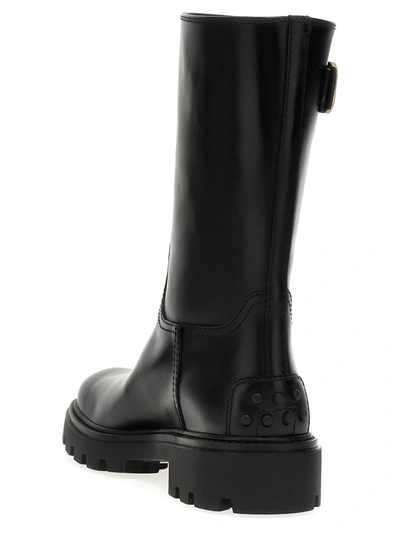 Shop Tod's Buckle Leather Boots In Black