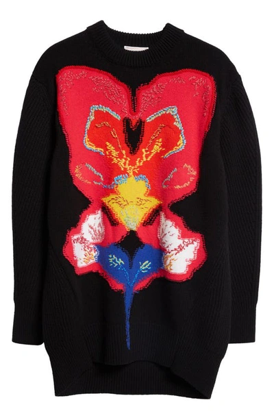 Shop Alexander Mcqueen Oversize Orchid Reverse Intarsia Wool Sweater In 1160 Black/ Red/ Yellow
