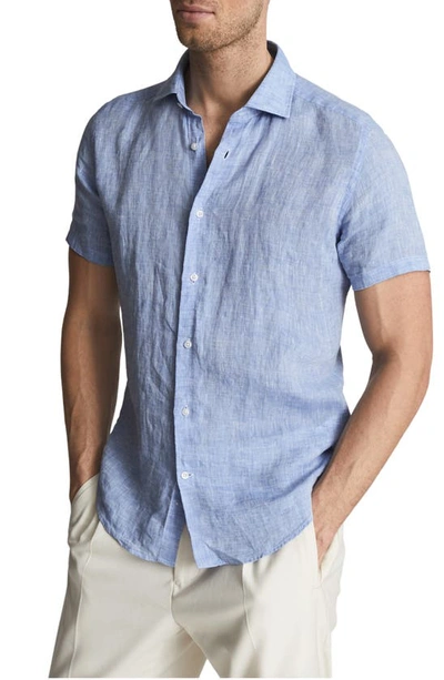 Shop Reiss Holiday Short Sleeve Linen Button-up Shirt In Airforce Blue