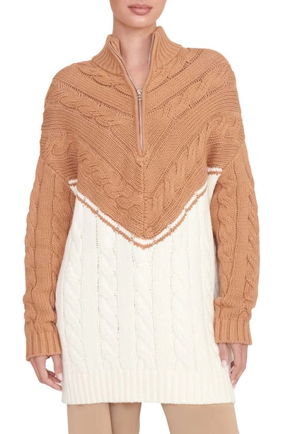 Shop Staud Hampton Half Zip Cable Stitch Sweater In Camel/ Ivory