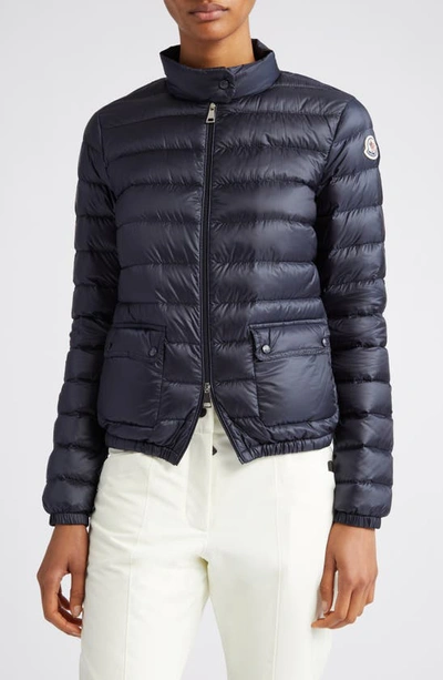 Shop Moncler Lans Channel Quilted Down Moto Jacket In Navy