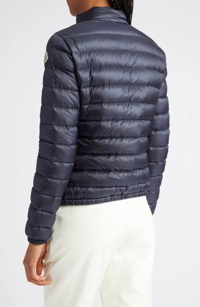 Shop Moncler Lans Channel Quilted Down Moto Jacket In Navy