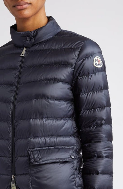 Shop Moncler Lans Channel Quilted Down Moto Jacket In Navy