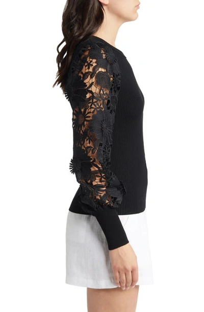 Shop Milly Lace Sleeve Rib Sweater In Black