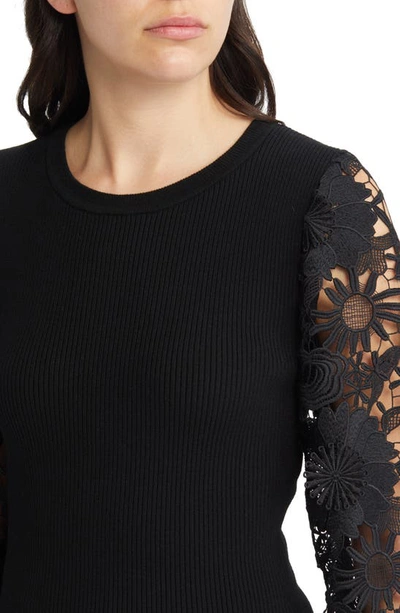 Shop Milly Lace Sleeve Rib Sweater In Black