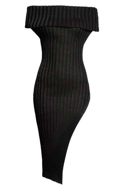 Shop A. Roege Hove Ara Ribbed Off The Shoulder Asymmetric Sweater Dress In Black