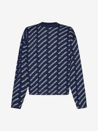 Shop Balenciaga All-over Logo Cotton And Wool Blend Sweater In Navy,white