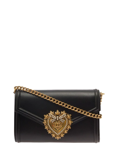 Shop Dolce & Gabbana 'mini Devotion' Black Shoulder Bag With Heart Jewel Detail In Smooth Leather Woman
