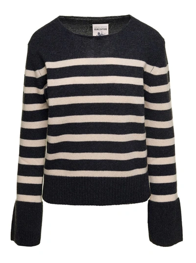 Shop Semicouture Grey Striped Sweater With Wide Crewneck And Long Sleeves In Wool Woman