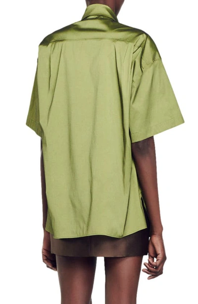 Shop Sandro Cacao Oversize Short Sleeve Satin Shirt In Light Kaki