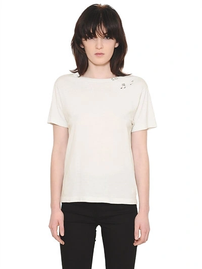 Saint Laurent Classic Short Sleeve T-shirt In Ivory And Black Sl Musical Notes Printed Cotton Jersey In White