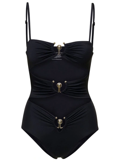 Shop Christopher Esber Black Swimsuit With Triple Hardware And Cut-out Detail In Stretch Polyamide Woman