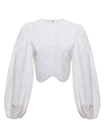 Shop Ganni Woma's Broderie Anglaise White Organic Cotton Blouse