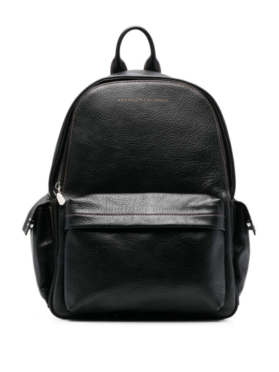 Shop Brunello Cucinelli Black Logo-stamp Leather Backpack