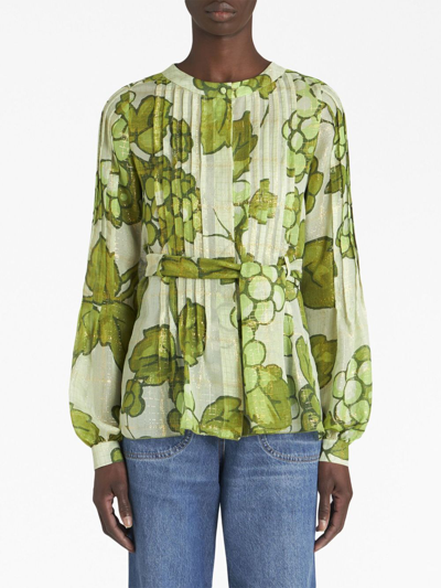 Shop Etro Berry-print Pleated Lurex Blouse In Green