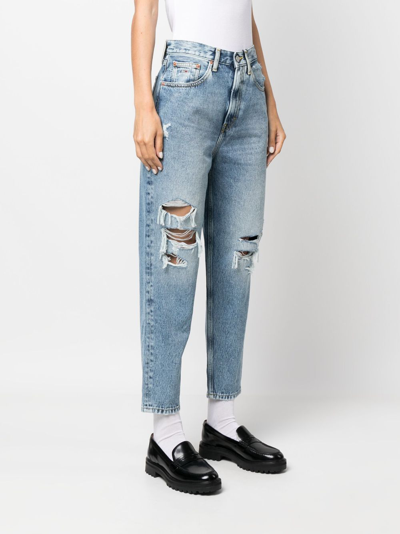 Shop Tommy Jeans Distressed Cropped Tapered Jeans In Blue