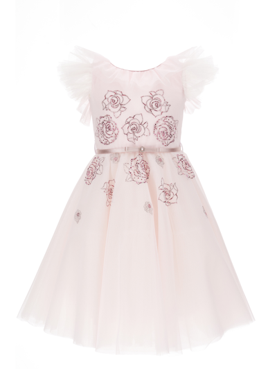 Shop Monnalisa Blossom Tulle Dress In Dusty Pink Rose