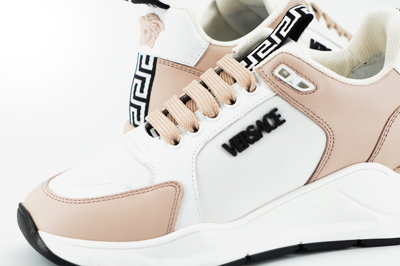 Shop Versace And  Calf Leather Women's Sneakers In Pink