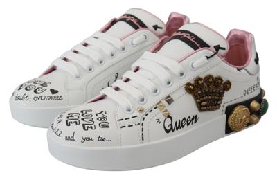 Shop Dolce & Gabbana Leather Crystal Queen Crown Sneakers Women's Shoes In White