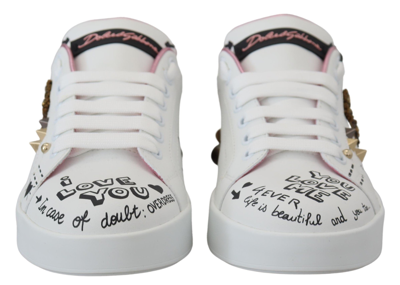 Shop Dolce & Gabbana Leather Crystal Queen Crown Sneakers Women's Shoes In White