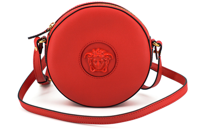 Shop Versace Calf Leather Round Disc Shoulder Women's Bag In Red