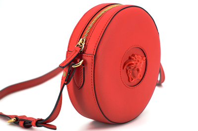 Shop Versace Calf Leather Round Disc Shoulder Women's Bag In Red