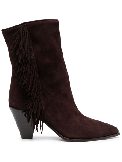 Shop Aquazzura Marfa 70mm Fringed Suede Boots In Brown