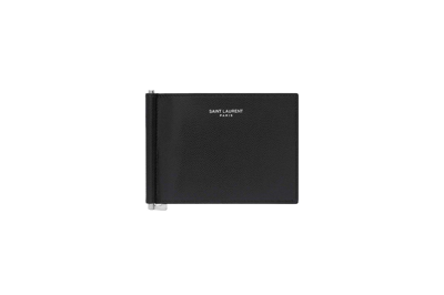 Pre-owned Saint Laurent Paris Bill Clip Wallet In Grain De Poudre Embossed Leather Black