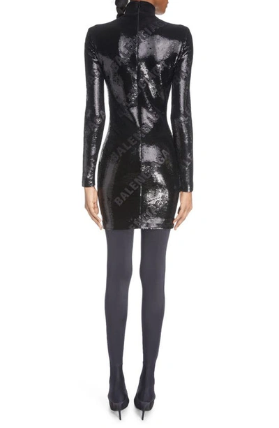 Shop Balenciaga Sequin Logo Long Sleeve Turtleneck Body-con Dress In Black/ Black Mat
