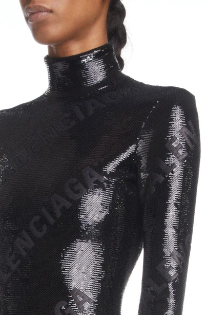 Shop Balenciaga Sequin Logo Long Sleeve Turtleneck Body-con Dress In Black/ Black Mat