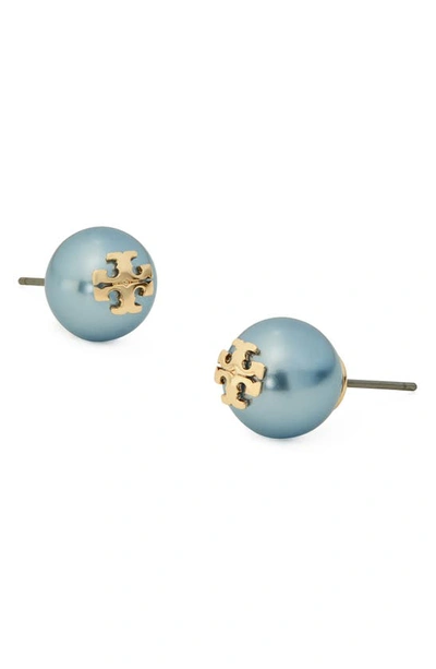 Shop Tory Burch Kira Logo Swarovski Crystal Imitation Pearl Stud Earrings In Tory Gold / Blue