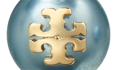 Shop Tory Burch Kira Logo Swarovski Crystal Imitation Pearl Stud Earrings In Tory Gold / Blue