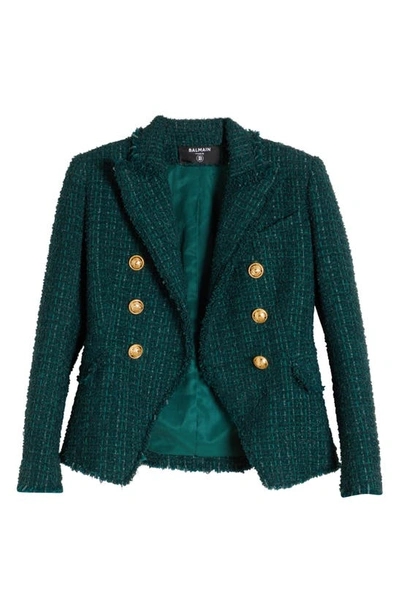 Shop Balmain Double Breasted Tweed Jacket In 7cx Dk Green
