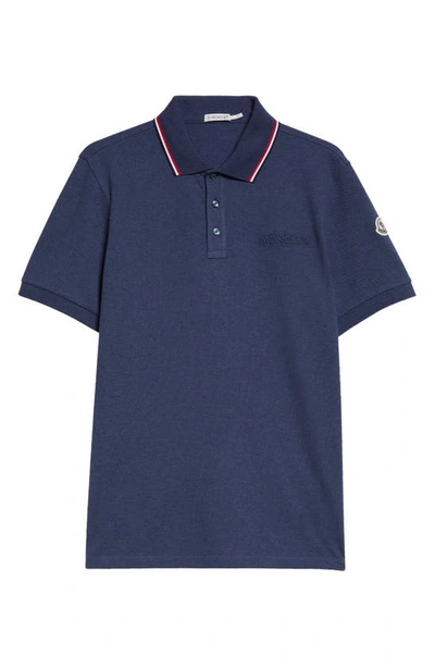 Shop Moncler Tipped Logo Embossed Cotton Piqué Polo In Navy