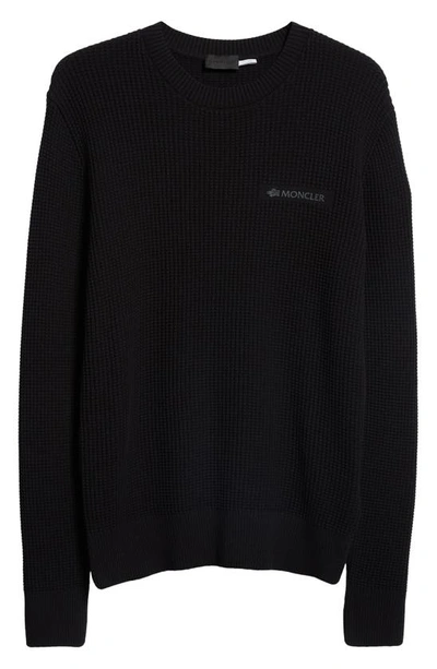 Shop Moncler Reflective Logo Patch Waffle Knit Sweater In Black