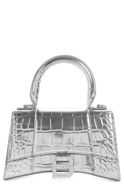 Shop Balenciaga Extra Small Hourglass Croc Embossed Metallic Leather Top Handle Bag In Silver