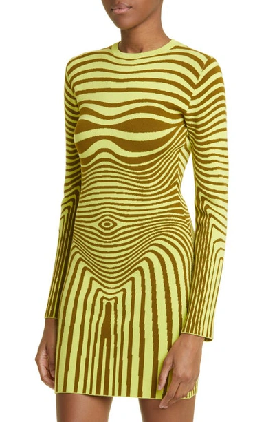 Shop Jean Paul Gaultier Morphing Stripe Long Sleeve Sweater Dress In Khaki/ Lime